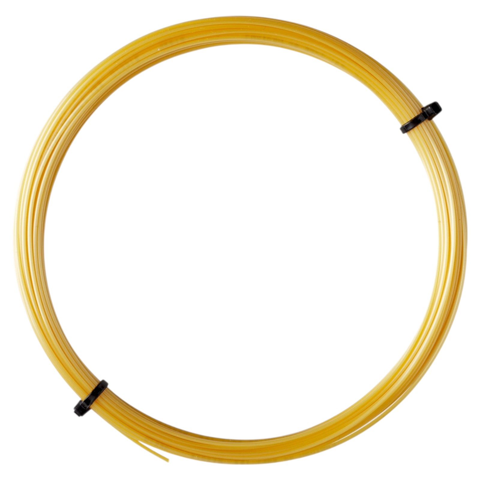 Coiled yellow Luxilon 4G Rough 125 tennis string set, secured with black ties.