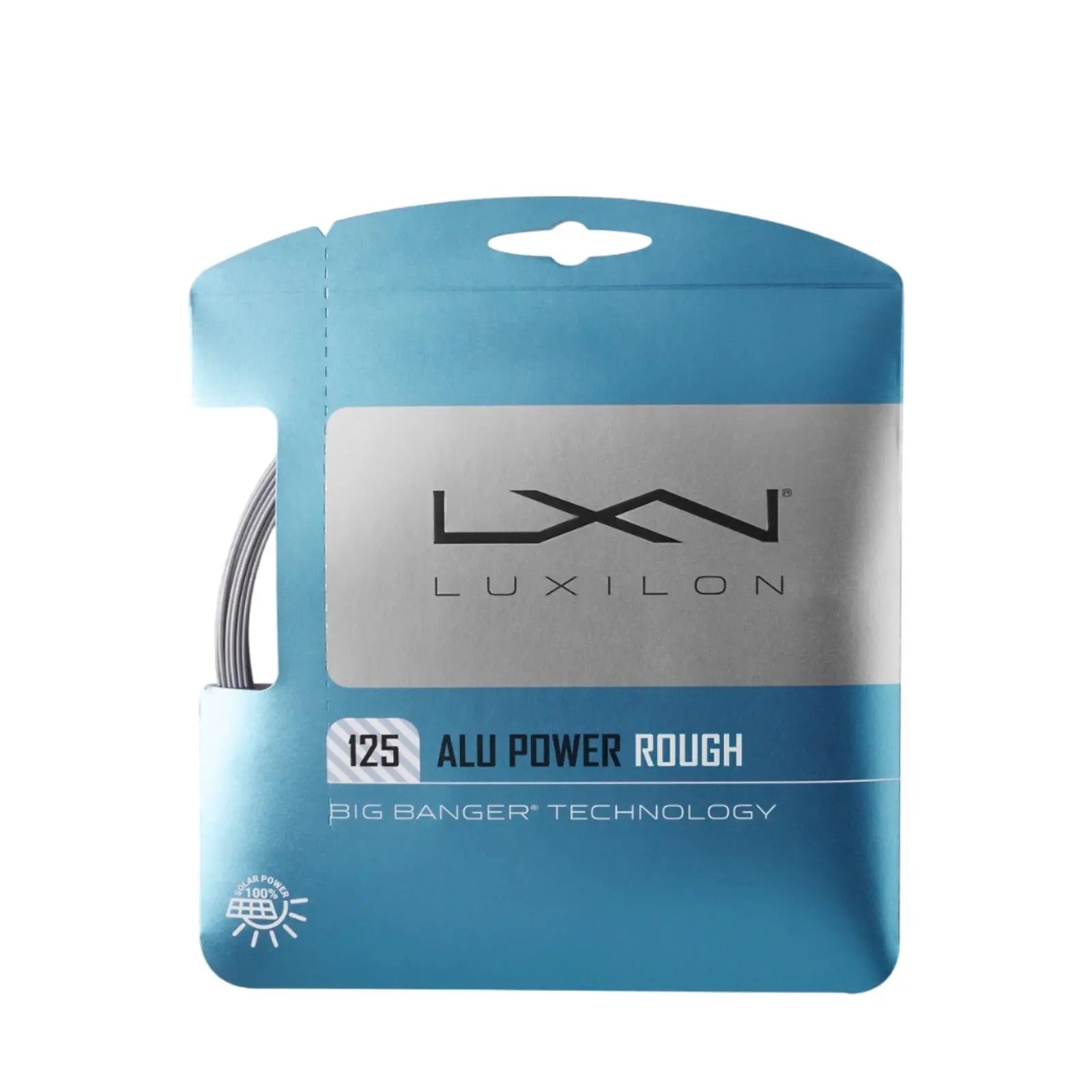 Luxilon Alu Power Rough 125 tennis string in blue and white packaging.