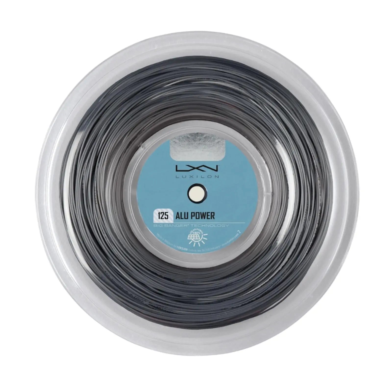 Luxilon Alu Power 125 silver tennis string reel with blue and white label.