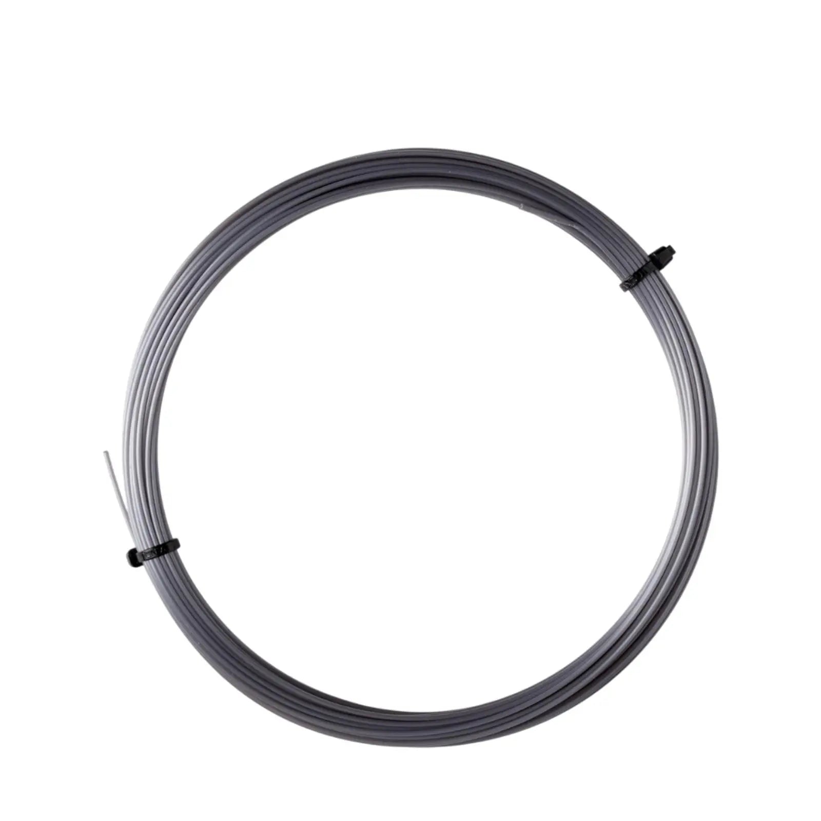 Coiled silver Luxilon Alu Power 125 tennis string set, secured with black ties, on a white background.