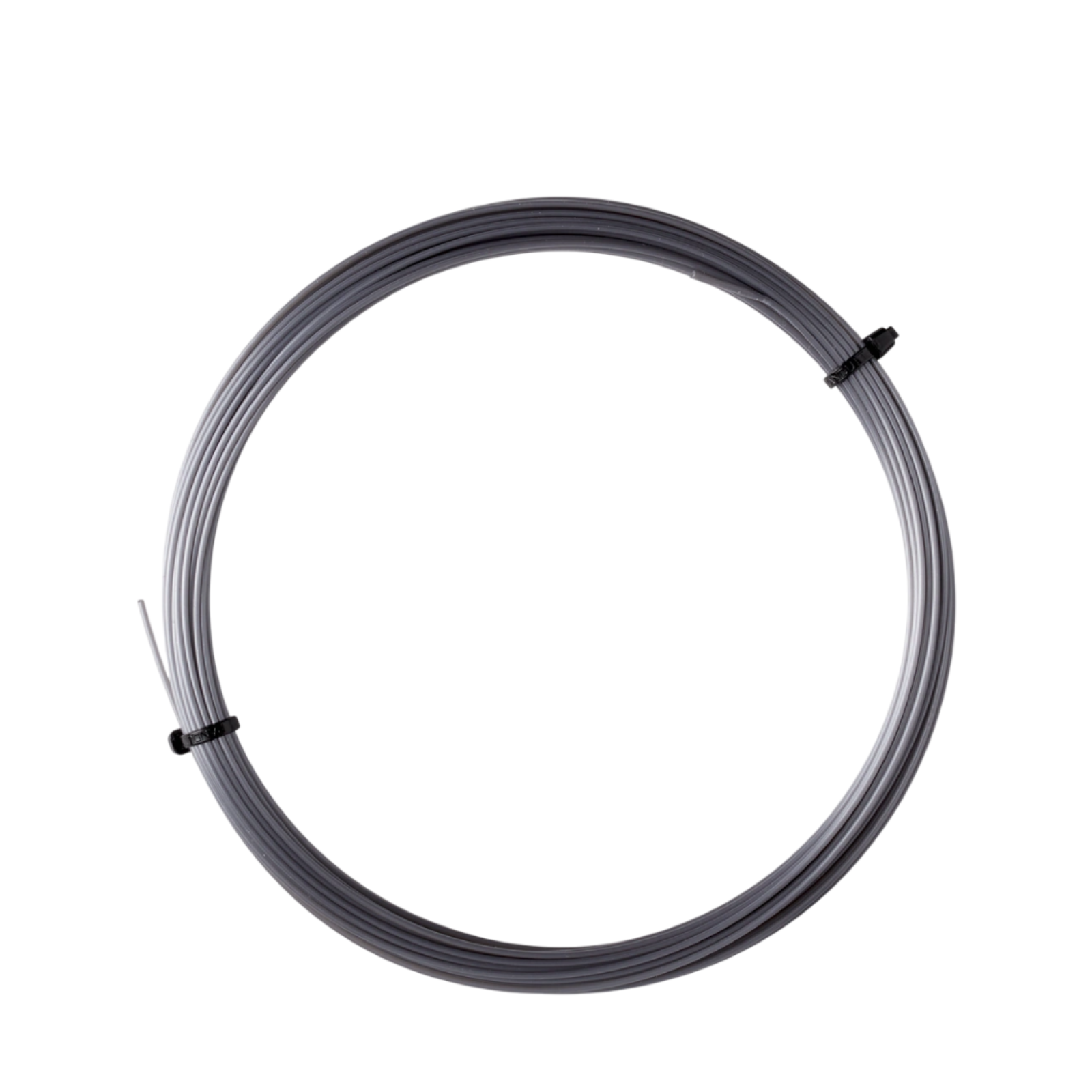 Coiled Luxilon Alu Power 130 Silver tennis string, 1.30mm gauge, secured with black ties.