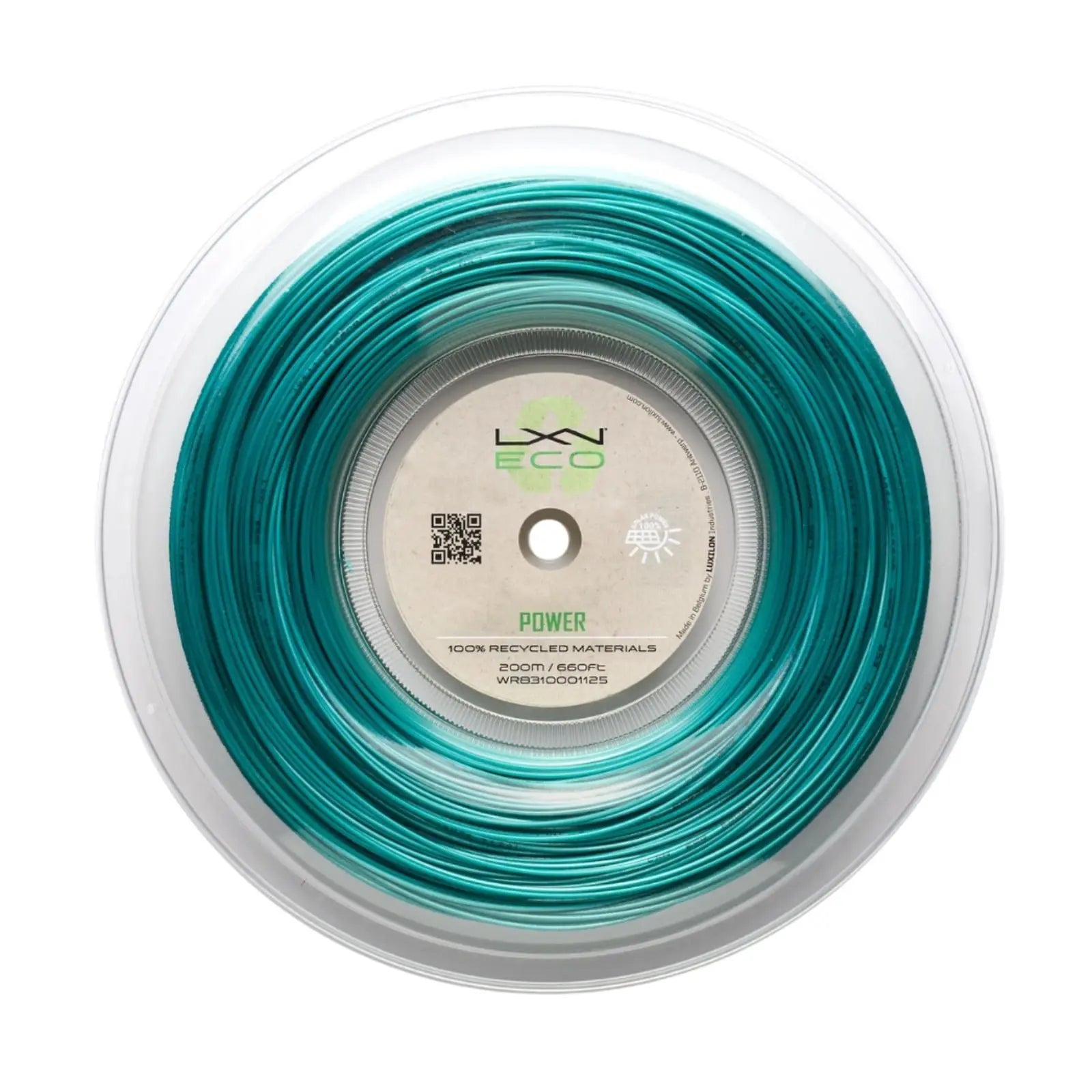 Teal Luxilon Eco Power 125 tennis string reel, made from 100% recycled materials, for power and spin.