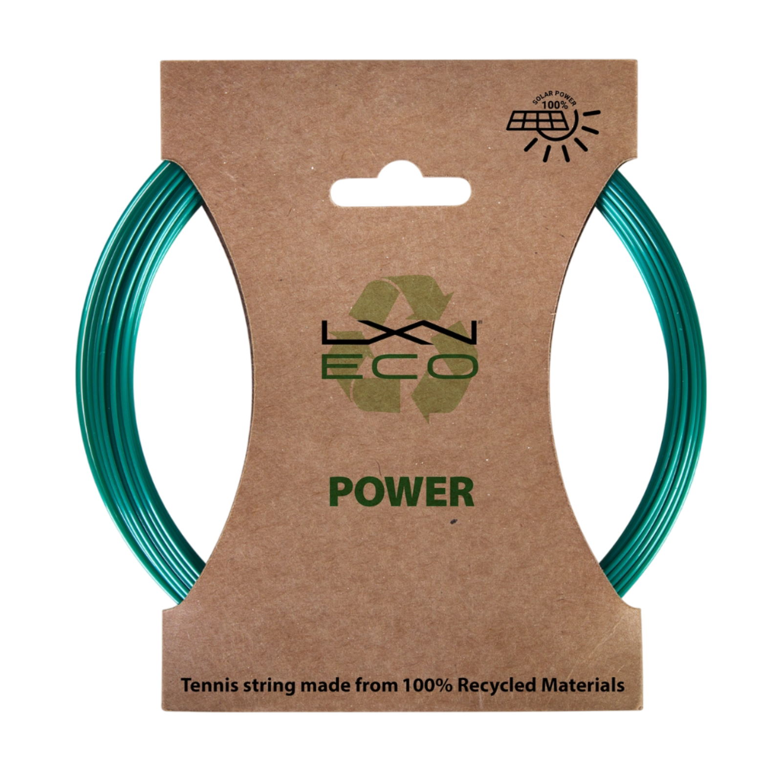 Green Luxilon Eco Power 125 tennis string set on a brown recycled cardboard package.