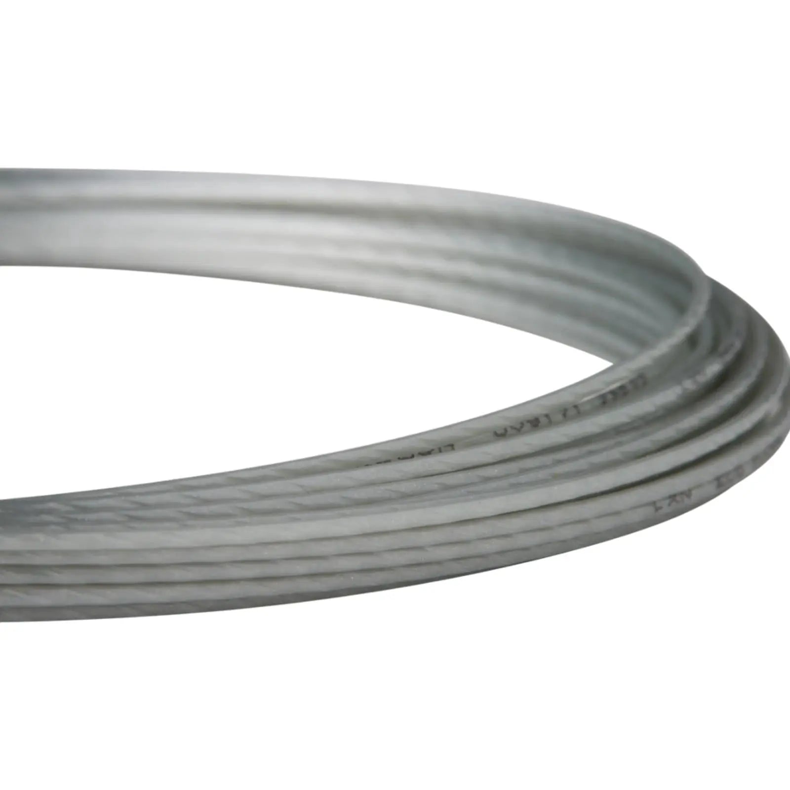 Coiled light gray Luxilon Eco Rough 125 tennis string, 17 gauge, with subtle dented profile.