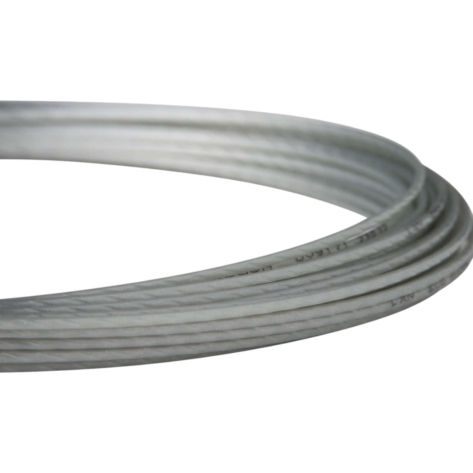 Coiled light gray Luxilon Eco Rough 125 tennis string, 17 gauge, with subtle dented profile.