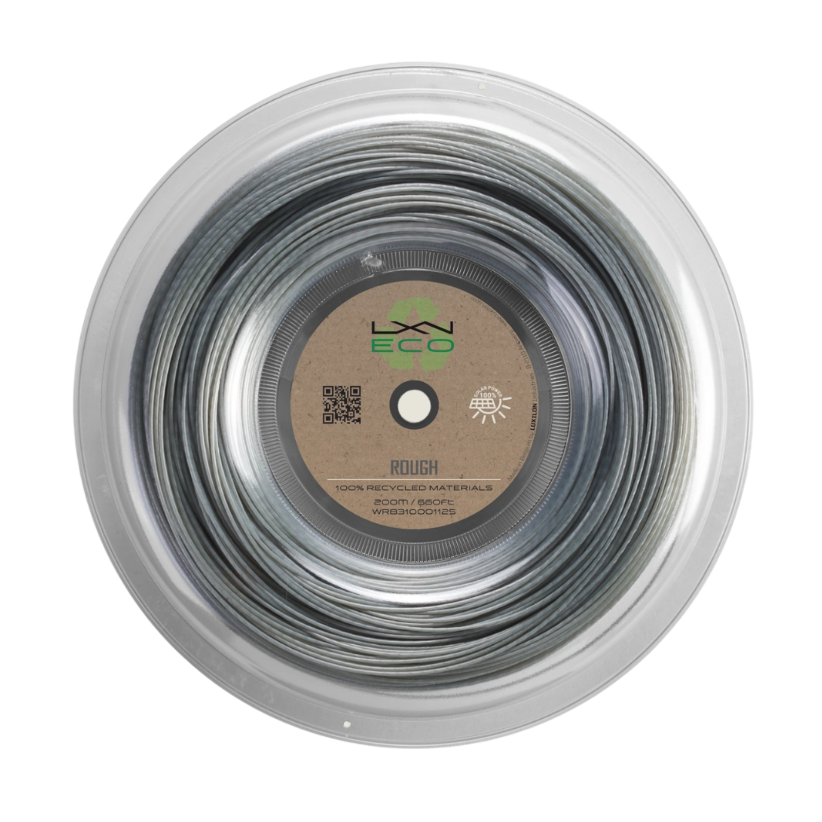 Luxilon Eco Rough 125 200M Reel, light gray tennis string made from recycled materials in clear packaging.
