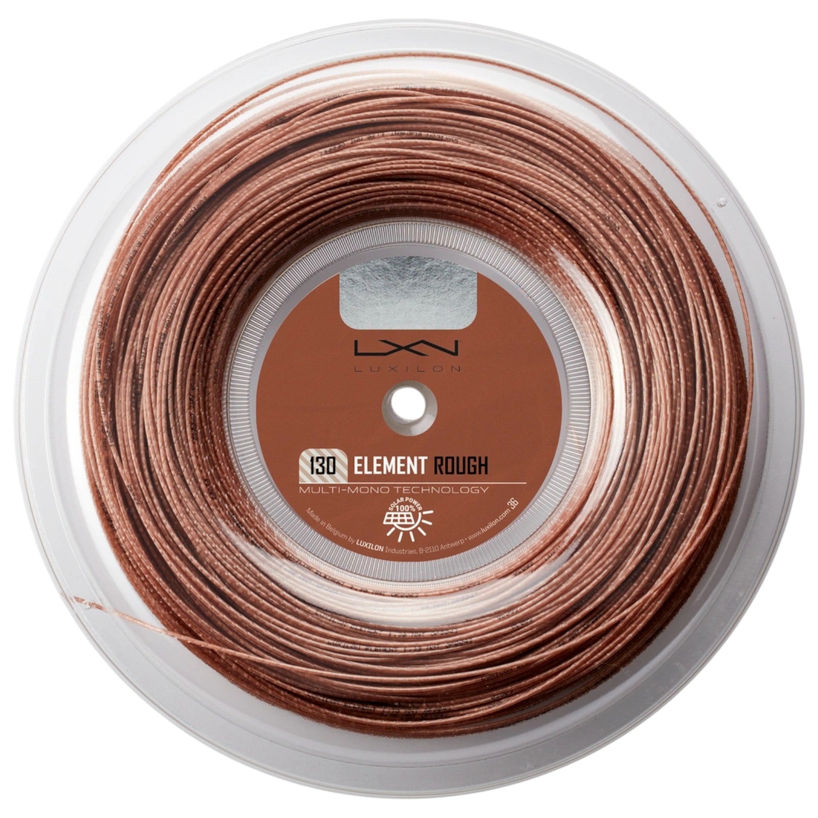 Luxilon Element 130 Rough tennis string reel, copper-brown, in clear plastic packaging.