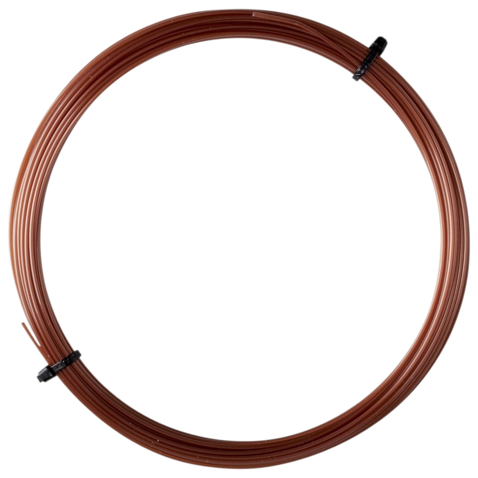 Coiled brown Luxilon Element 130 Rough polyester tennis string set, secured with black ties.