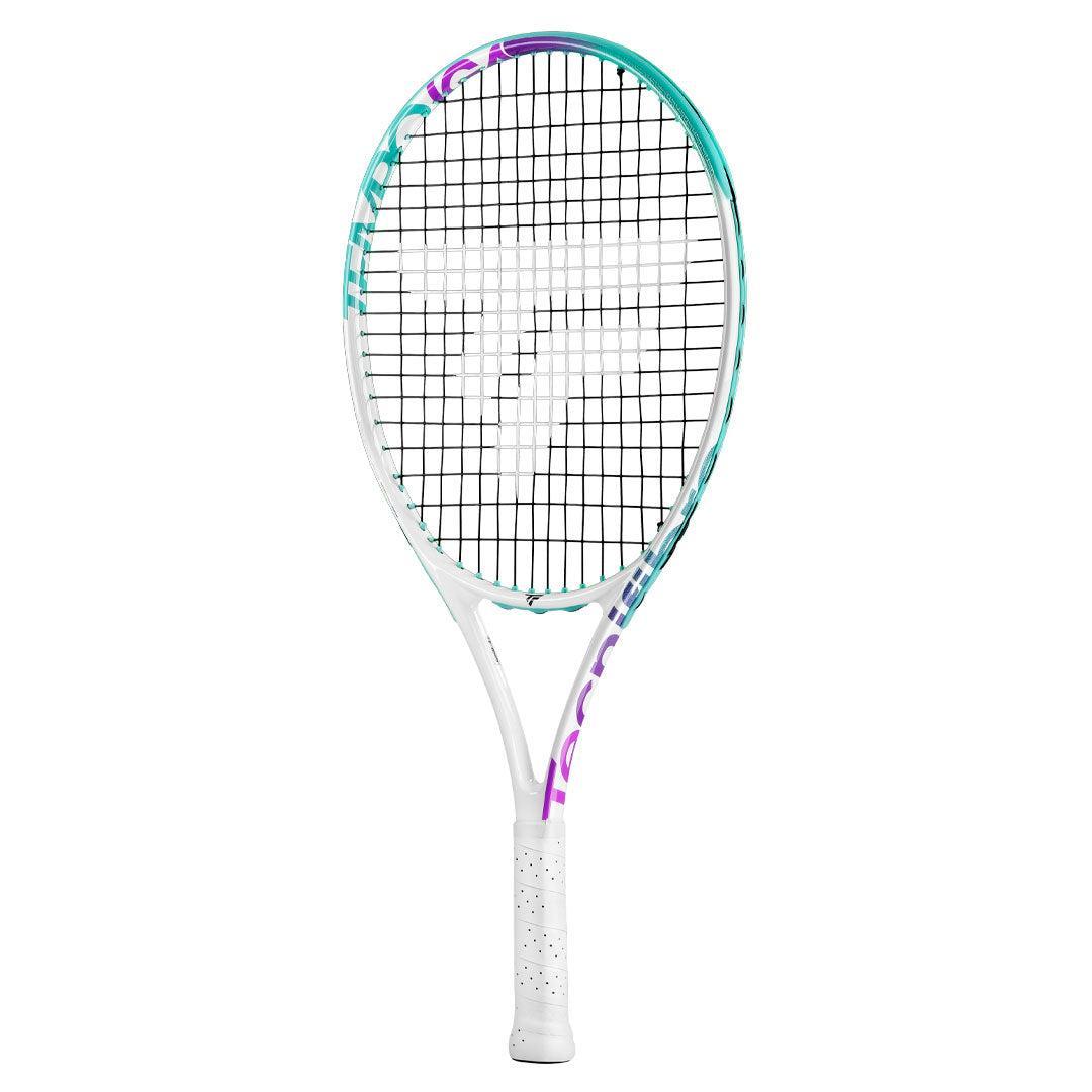 White Tecnifibre Tempo Iga 24 junior tennis racquet with teal and purple accents.
