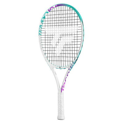 White Tecnifibre Tempo Iga 24 junior tennis racquet with teal and purple accents.