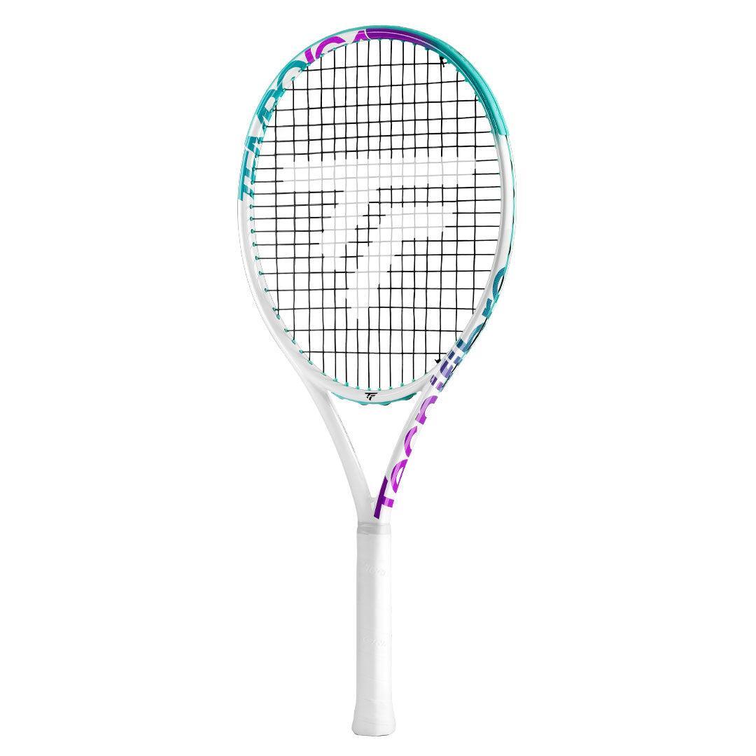 White Tecnifibre Tempo Iga 26 junior tennis racquet with teal and purple accents.