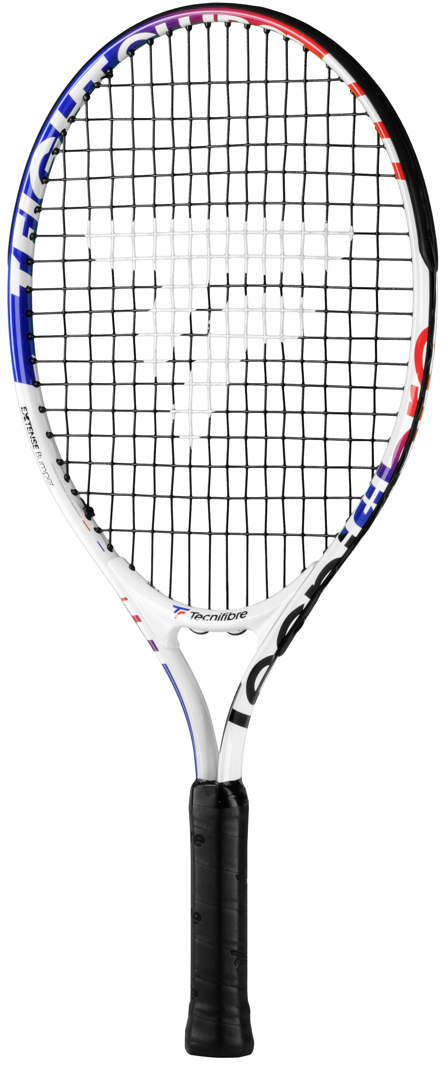 White Tecnifibre TFight Club 21 junior tennis racquet with blue, red, and purple accents.