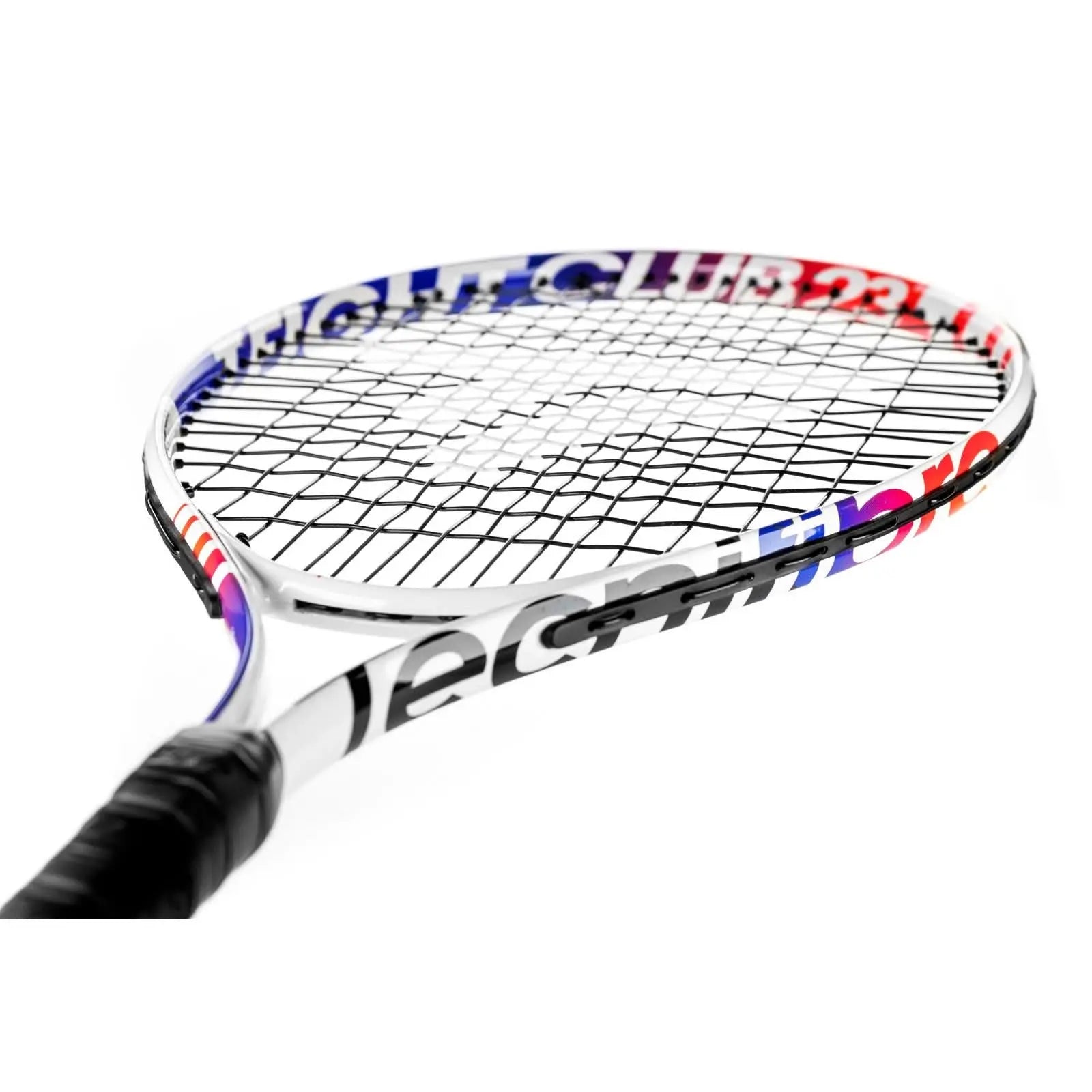 Tecnifibre TFight Club 23 junior tennis racquet, white frame with red and blue accents, black grip.