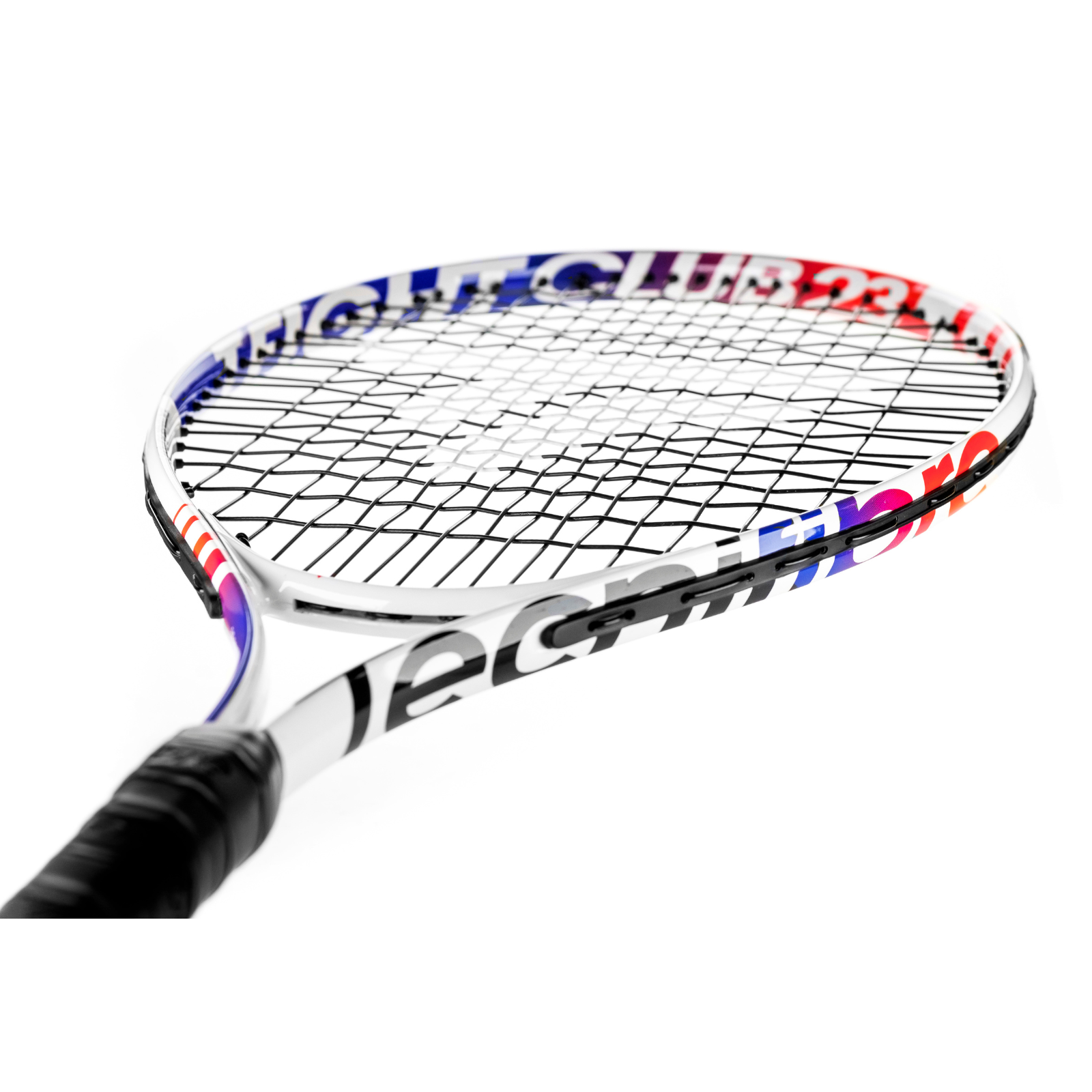 Tecnifibre TFight Club 23 junior tennis racquet, white frame with red and blue accents, black grip.
