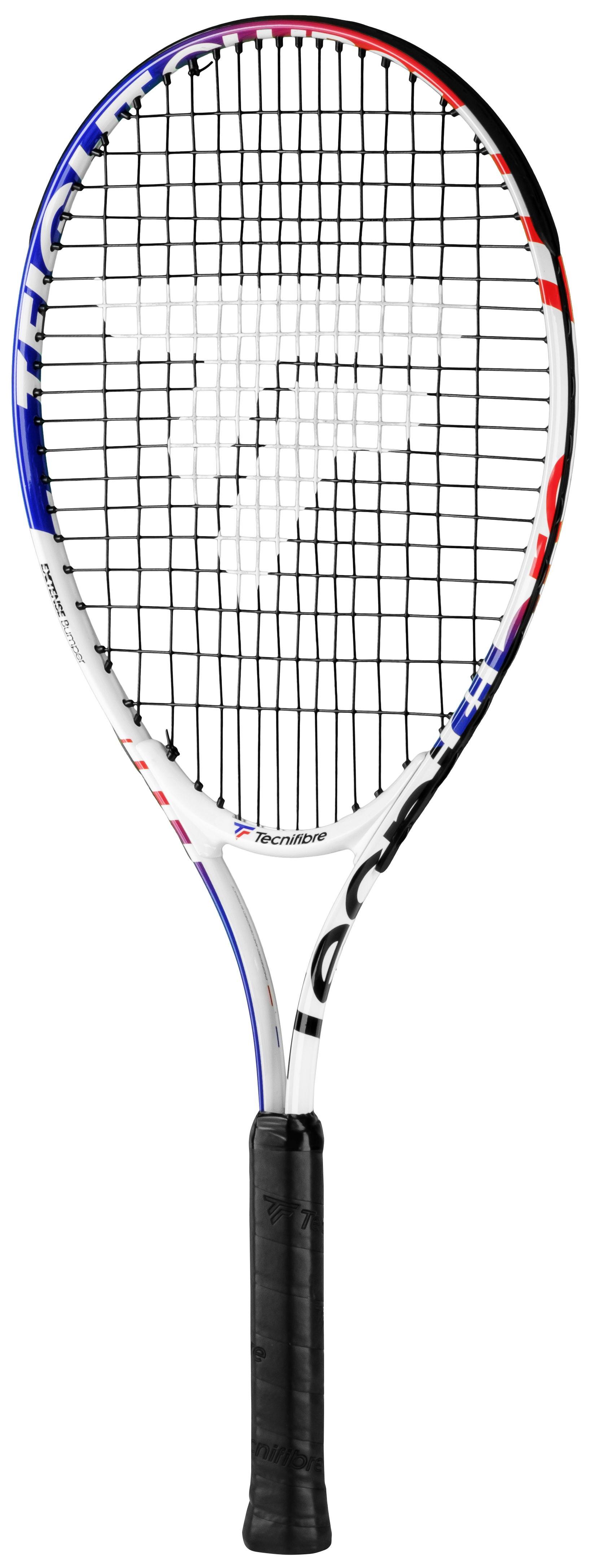 White Tecnifibre Junior TFight Team 25 tennis racquet with blue, red, and black accents.