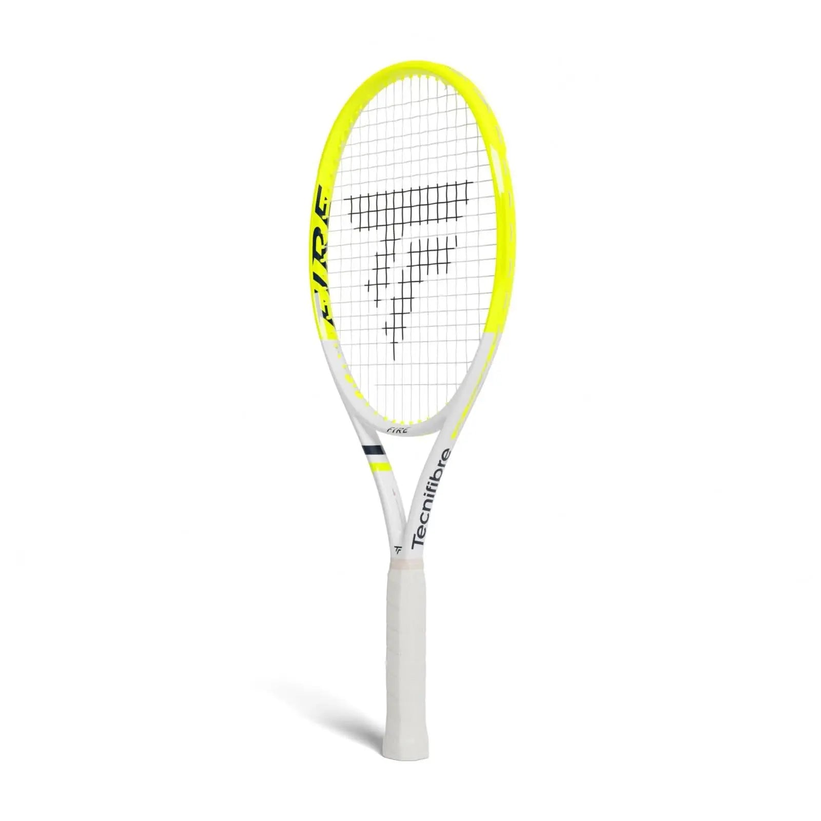Tecnifibre Fire 260 OS tennis racquet, white frame with neon yellow accents and black "FIRE" graphic.