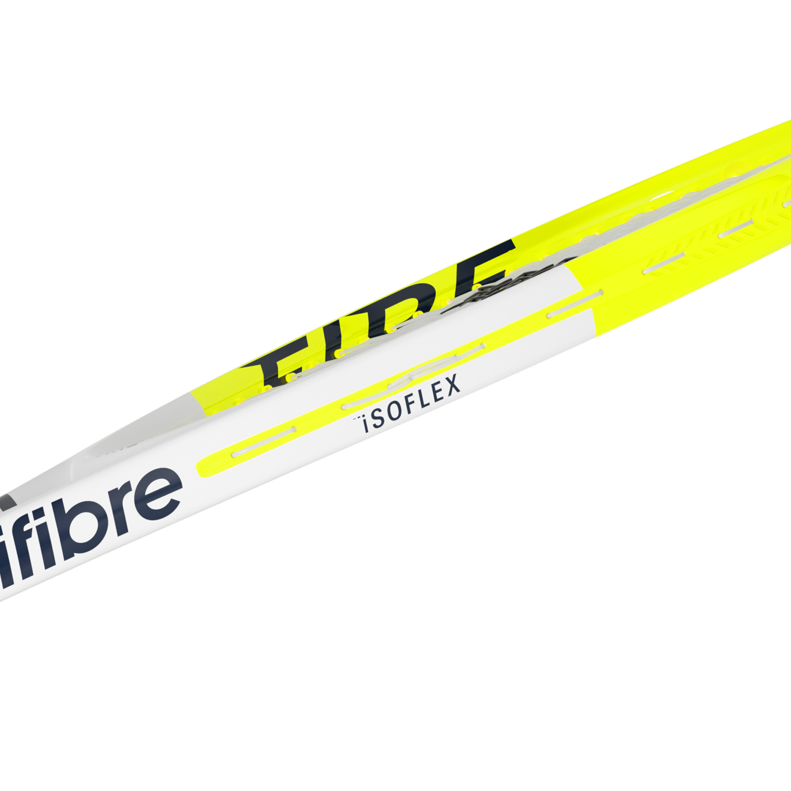 Close-up of a Tecnifibre Fire 300 tennis racquet frame, showing its neon yellow, white, and black design with "ISOFLEX" detail.