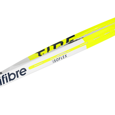 Close-up of a Tecnifibre Fire 300 tennis racquet frame, showing its neon yellow, white, and black design with "ISOFLEX" detail.