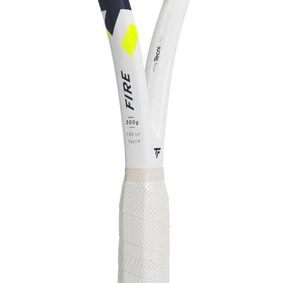 Tecnifibre Fire 300g tennis racquet handle and throat, white with navy, yellow, and black accents.