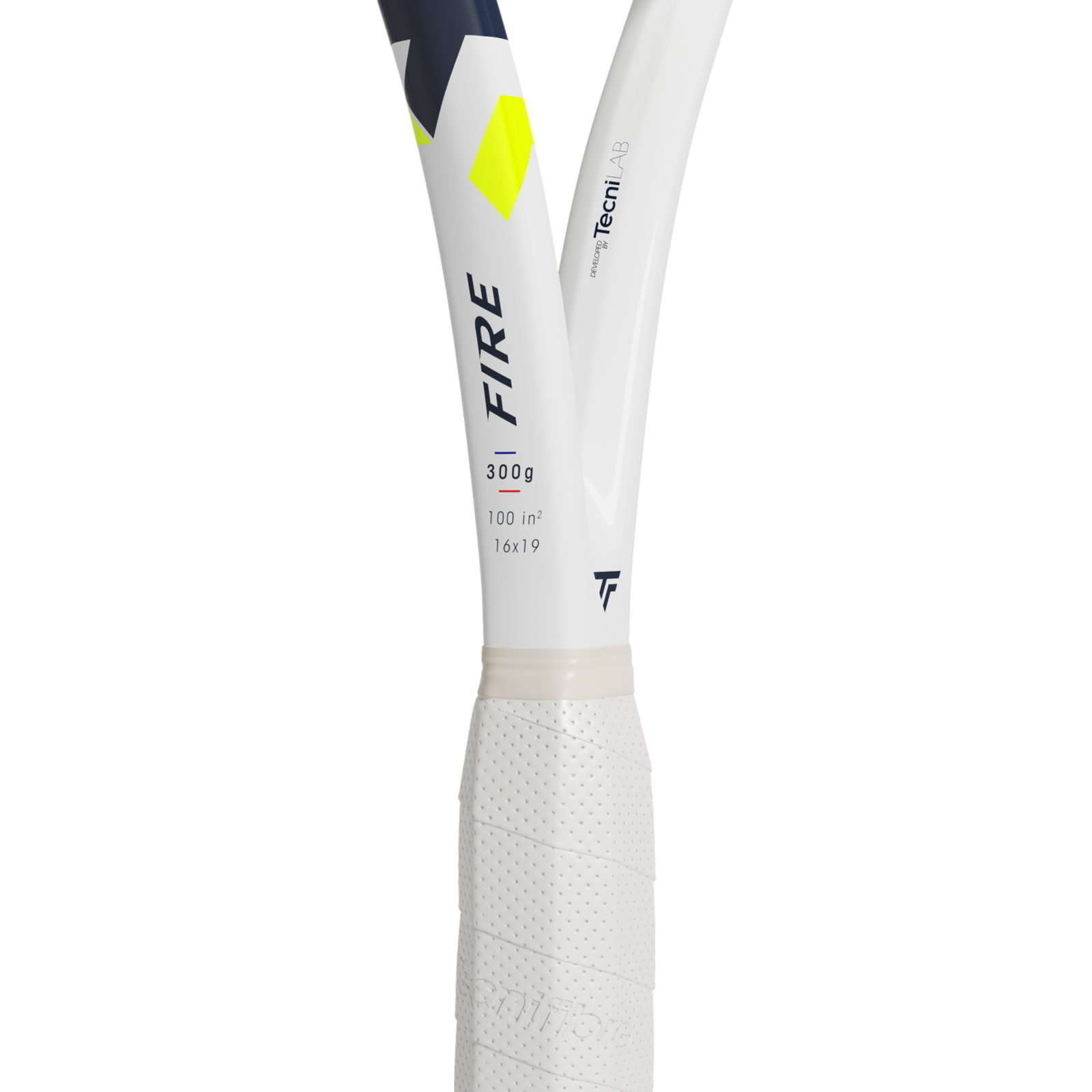Tecnifibre Fire 300g tennis racquet handle and throat, white with navy, yellow, and black accents.