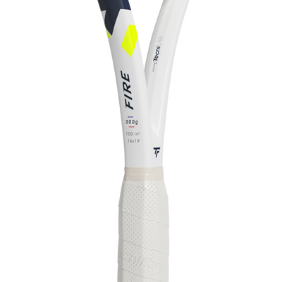 Tecnifibre Fire 300g tennis racquet handle and throat, white with navy, yellow, and black accents.