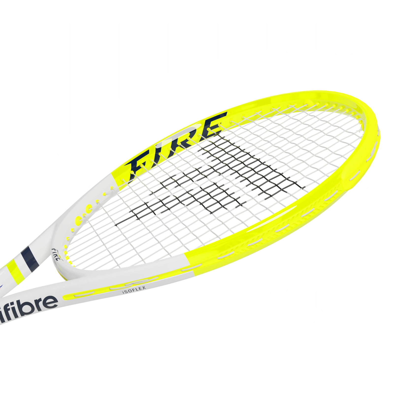 Tecnifibre Fire 300 tennis racquet, white and neon yellow frame with black and white strings.