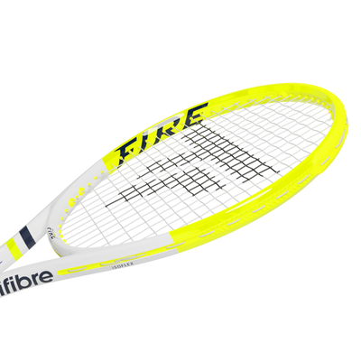 Tecnifibre Fire 300 tennis racquet, white and neon yellow frame with black and white strings.