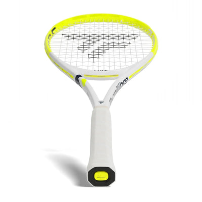 White and neon yellow Tecnifibre Fire 300 tennis racquet with black strings and white grip.