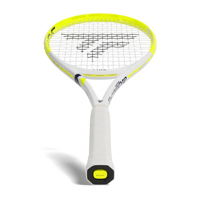 White and neon yellow Tecnifibre Fire 300 tennis racquet with black strings and white grip.
