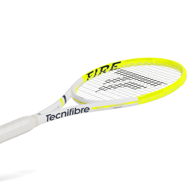 Tecnifibre Fire 300 tennis racquet, white and neon yellow, with black strings and "FIRE" branding.