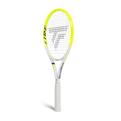Tecnifibre Tennis Racquet Fire 300, white and neon yellow, unstrung, with a white grip.