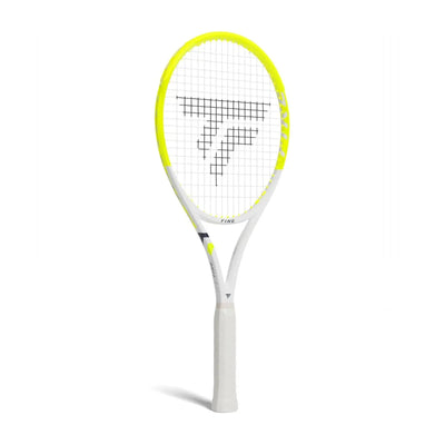 Tecnifibre Fire 300 tennis racquet, unstrung, with a vibrant yellow head and white frame.