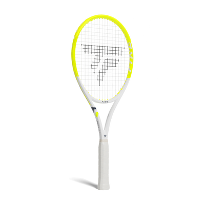 Tecnifibre Fire 300 tennis racquet, unstrung, with a vibrant yellow head and white frame.