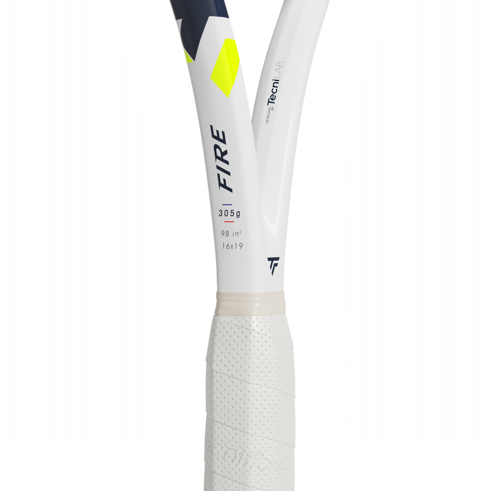 White Tecnifibre Fire 305S tennis racquet handle with navy and yellow accents, showing grip and shaft details.