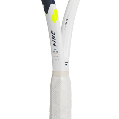 White Tecnifibre Fire 305S tennis racquet handle with navy and yellow accents, showing grip and shaft details.