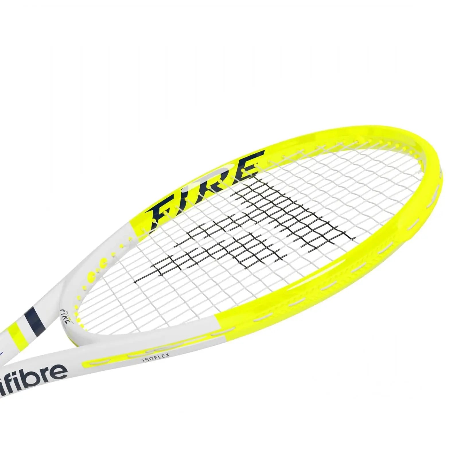 Tecnifibre Fire 305S tennis racquet, unstrung, with a vibrant yellow and white frame.