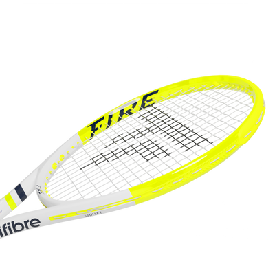 Tecnifibre Fire 305S tennis racquet, unstrung, with a vibrant yellow and white frame.
