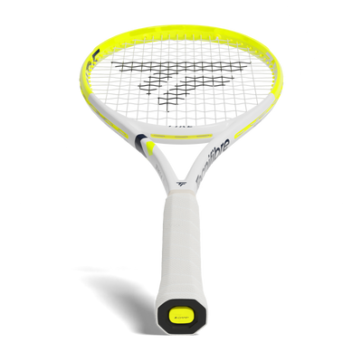 Tecnifibre Fire 305S tennis racquet, white and neon yellow, with a white grip and black strings.