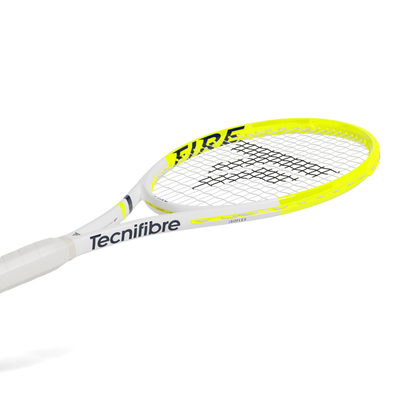 Tecnifibre Fire 305S tennis racquet, white frame with neon yellow accents, black strings, and white grip.