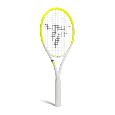 Tecnifibre Fire 305S tennis racquet with a bright yellow head, white frame, and white grip.