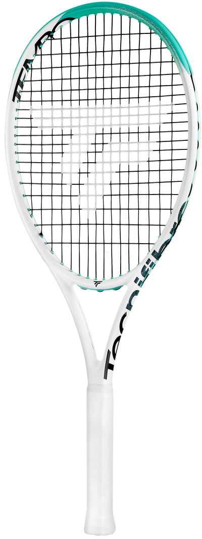 White Tecnifibre Tempo 265 tennis racquet with teal accents and black strings, unstrung.