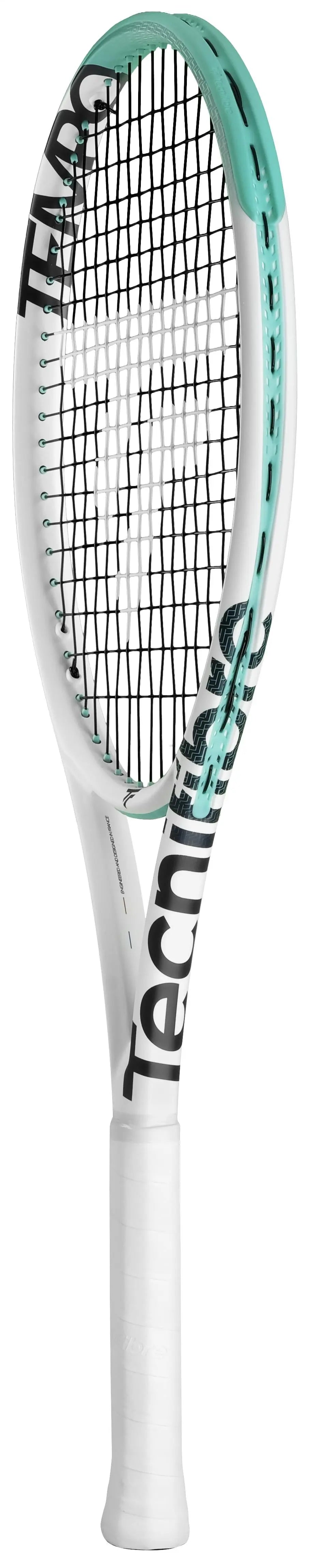 White Tecnifibre Tempo 270 tennis racquet with teal accents and black strings.