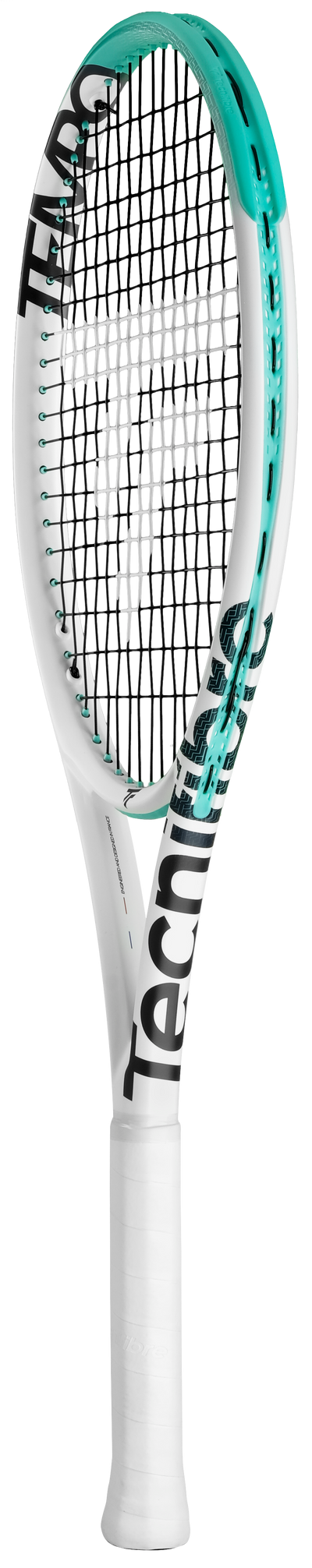 White Tecnifibre Tempo 270 tennis racquet with teal accents and black strings.