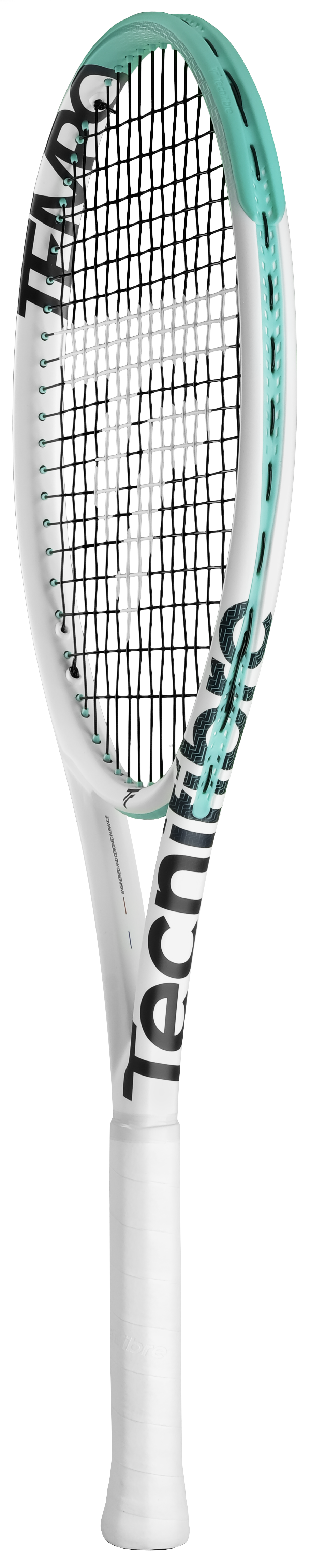 White Tecnifibre Tempo 270 tennis racquet with teal accents and black strings.