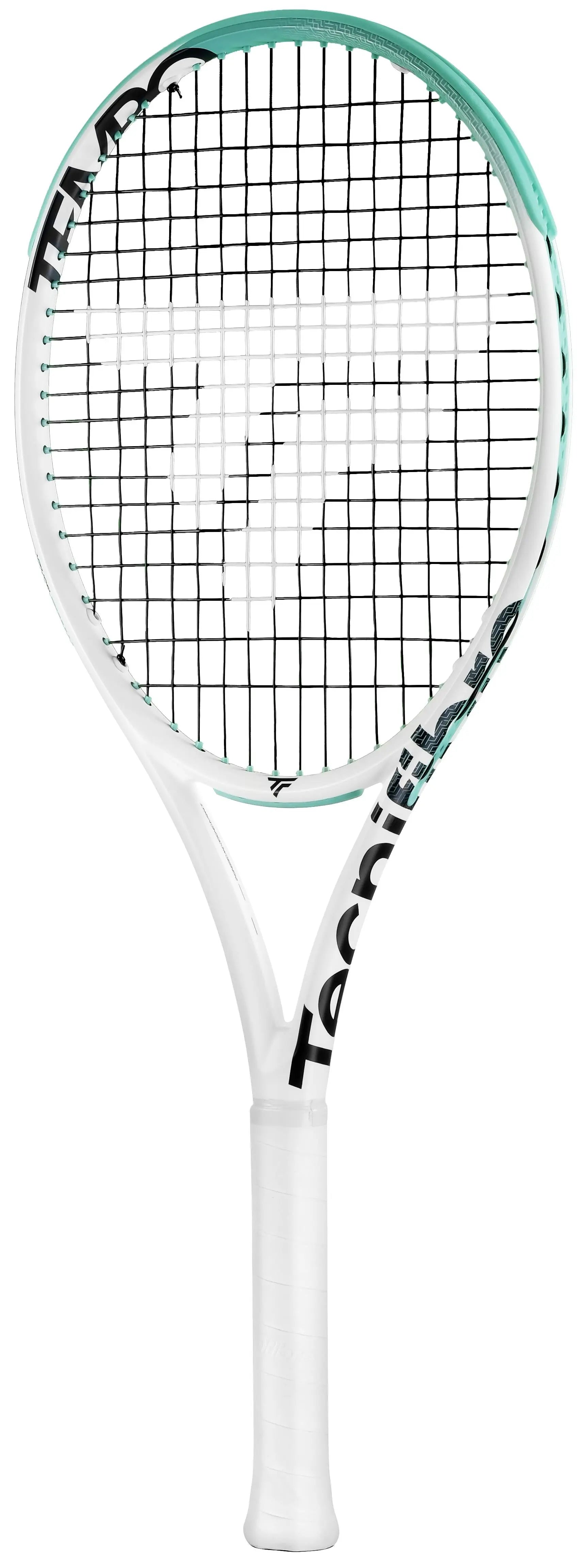 White Tecnifibre Tempo 285 tennis racquet with a teal and black head design, unstrung.