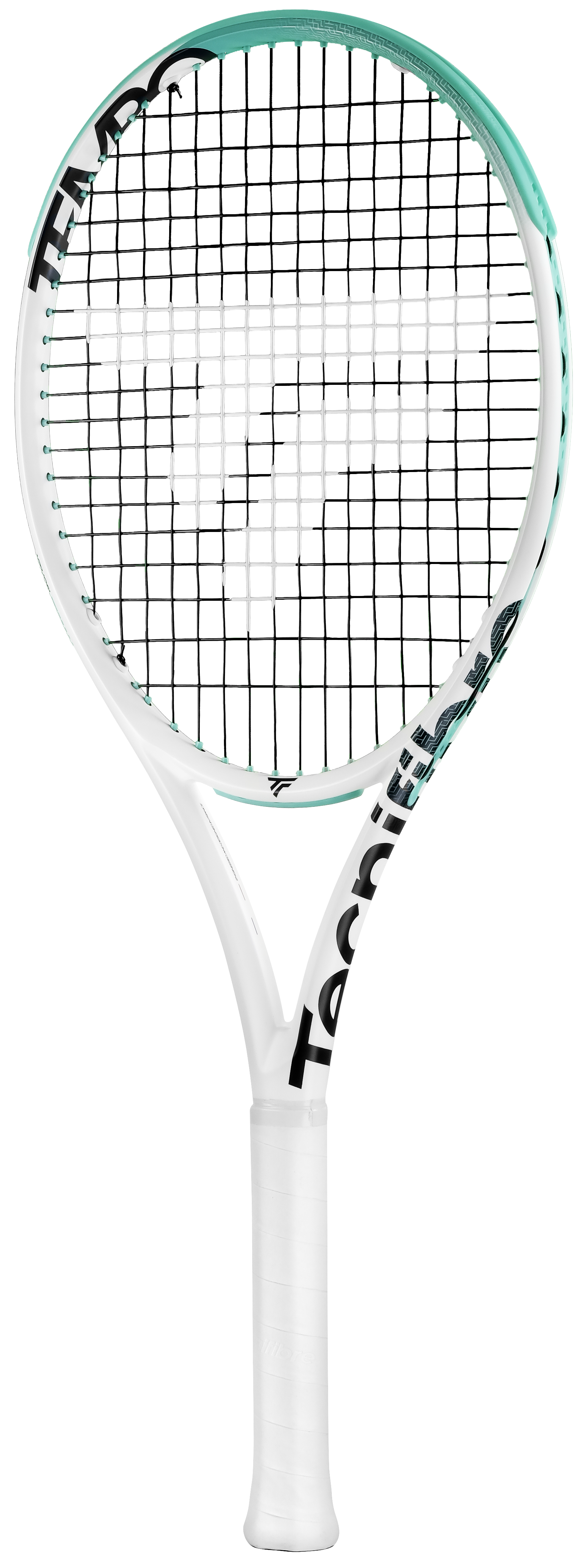 White Tecnifibre Tempo 285 tennis racquet with a teal and black head design, unstrung.