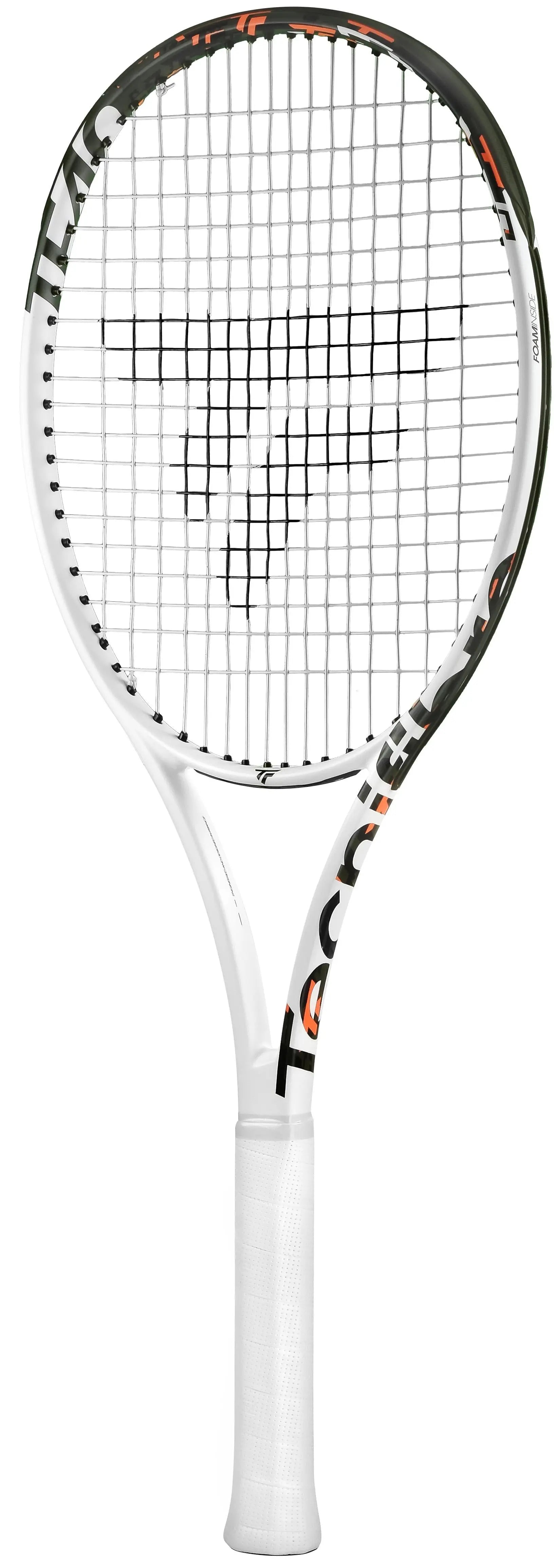 White Tecnifibre TF40 290 tennis racquet with black and orange accents, white grip, and strung face.
