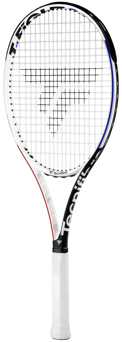 White Tecnifibre TF40 305 tennis racquet with black, red, and blue accents, white grip, and 16x19 string pattern.