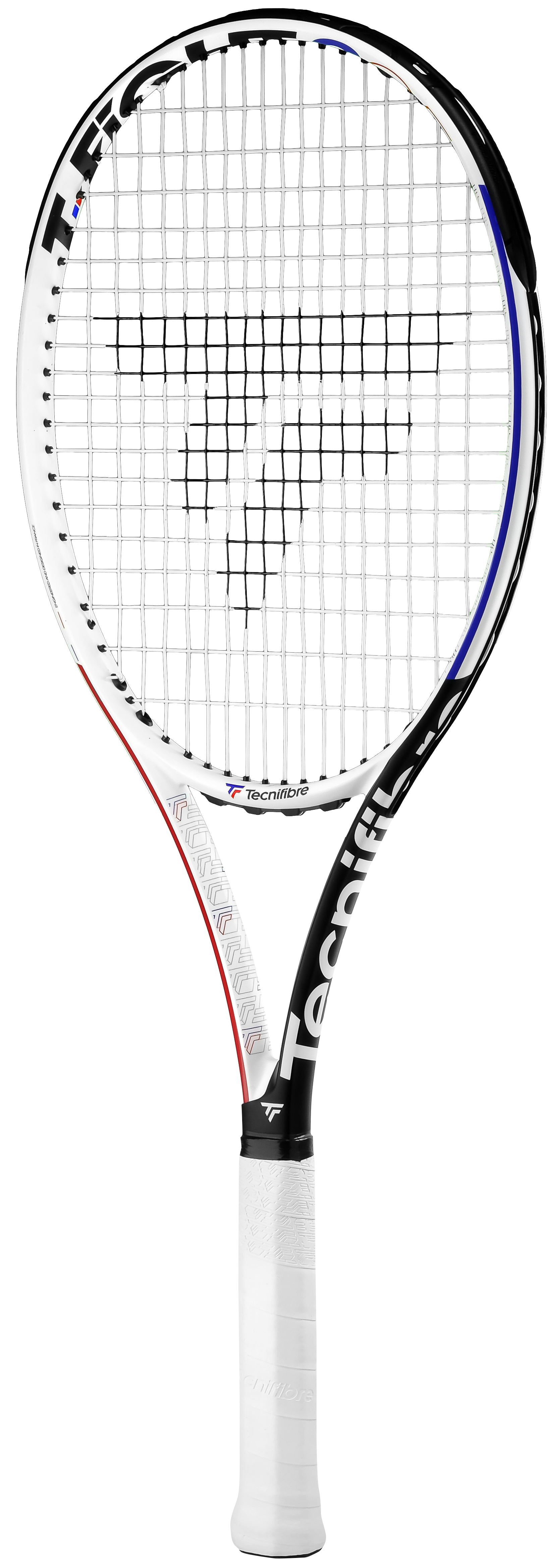 White Tecnifibre TF40 305 tennis racquet with black, red, and blue accents, white grip, and 16x19 string pattern.