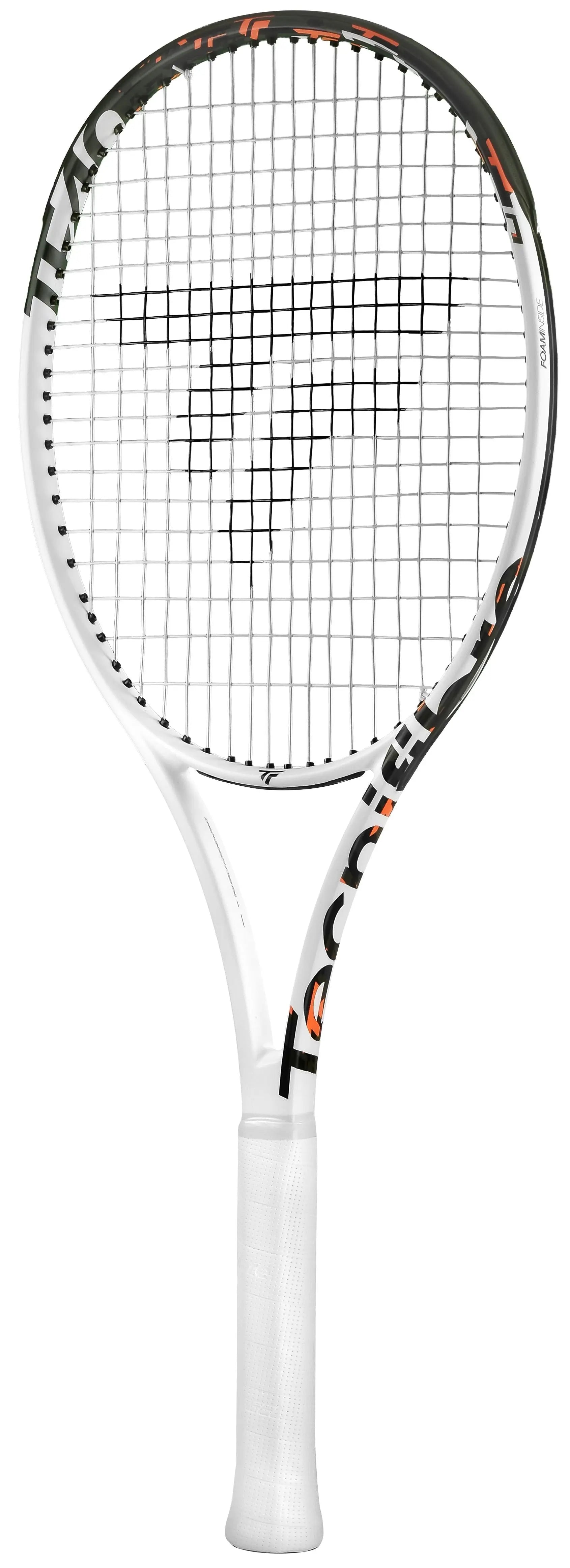 White Tecnifibre TF40 305 18x20 tennis racquet with orange and dark green accents.